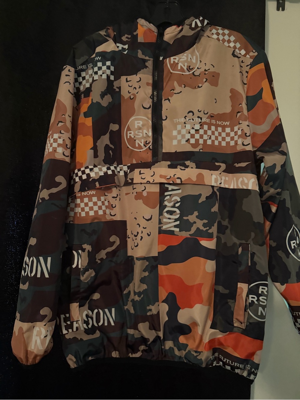 Camouflage Graphic Pullover Jacket with Orange Accents